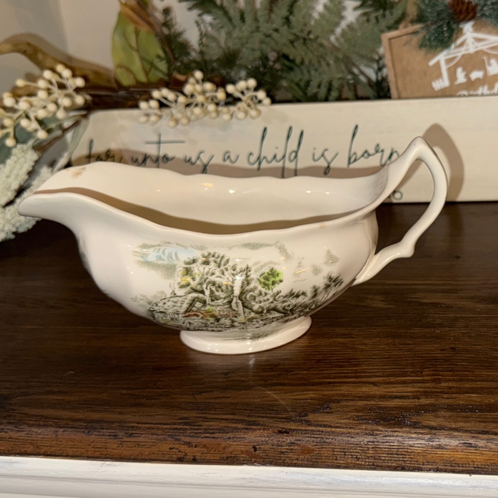 Vintage Cream Gravy Boat with Green Landscape Design